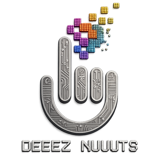 A silver metallic 'rock on' hand gesture with vibrant, multi-colored pixel blocks floating above it in a heart-shaped cluster. The text 'DEEEZ NUUUTS' is displayed below in a blocky, industrial font.
