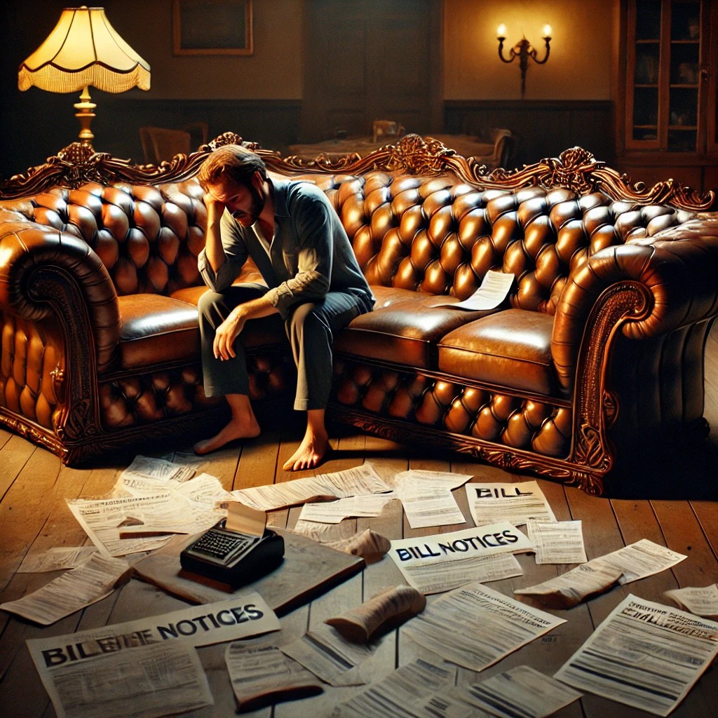 A man sits despondently on a luxurious, tufted brown leather sectional sofa in a dimly lit room. He is leaning forward with his head down, barefoot, and dressed in simple grey loungework. The floor around him is cluttered with a typewriter and numerous scattered papers prominently labeled "BILL," "NOTICE," and "BILL NOTICES." The contrast between the opulent furniture and the overwhelming evidence of financial distress highlights a sense of irony and despair.
